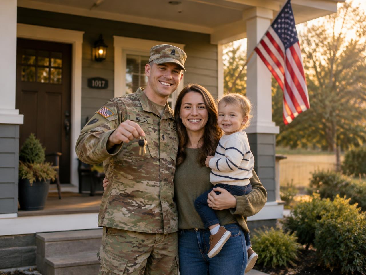 Service member and family outside their new home